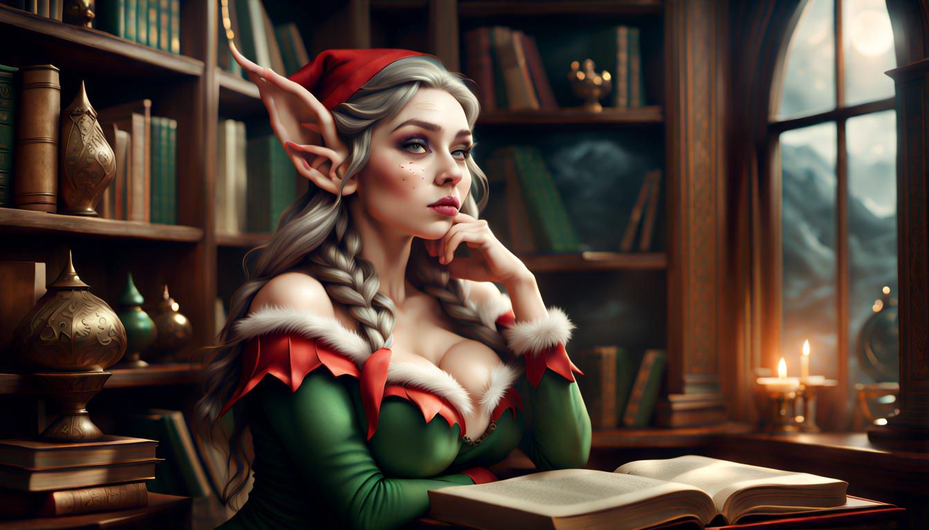 Curvy Elf on Bookshelf in Dramatic Digital Painting
