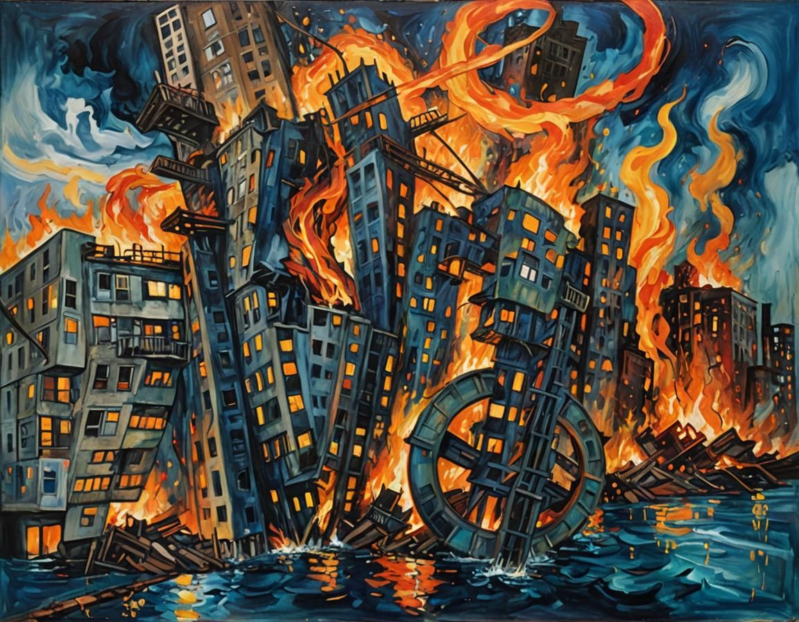 Burning Cityscape Submerged: Expressionist Oil Painting