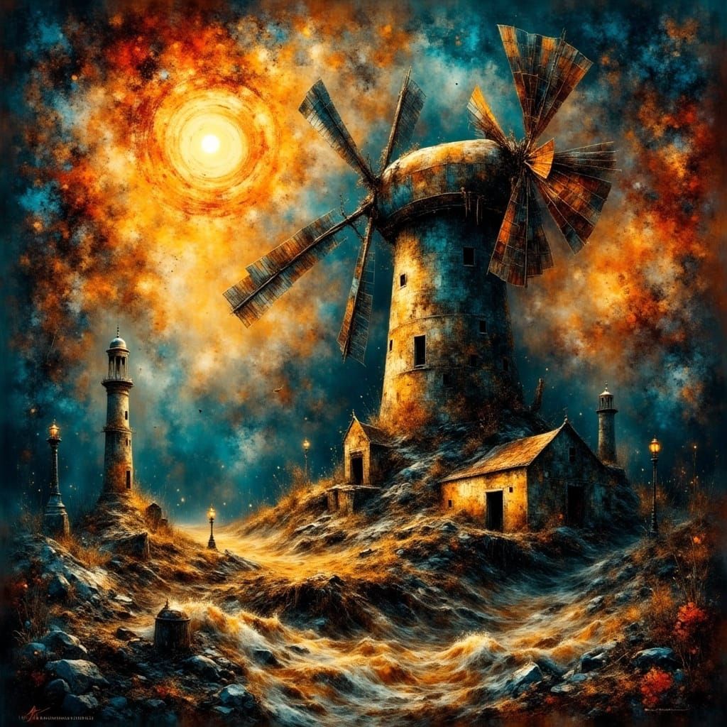 Surreal Windmill Vortex Devouring World in Miro Somov Style