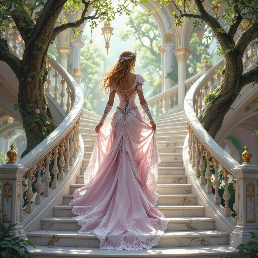 Regal Elven Princess Descends Grand Staircase in Fantasy Bal...