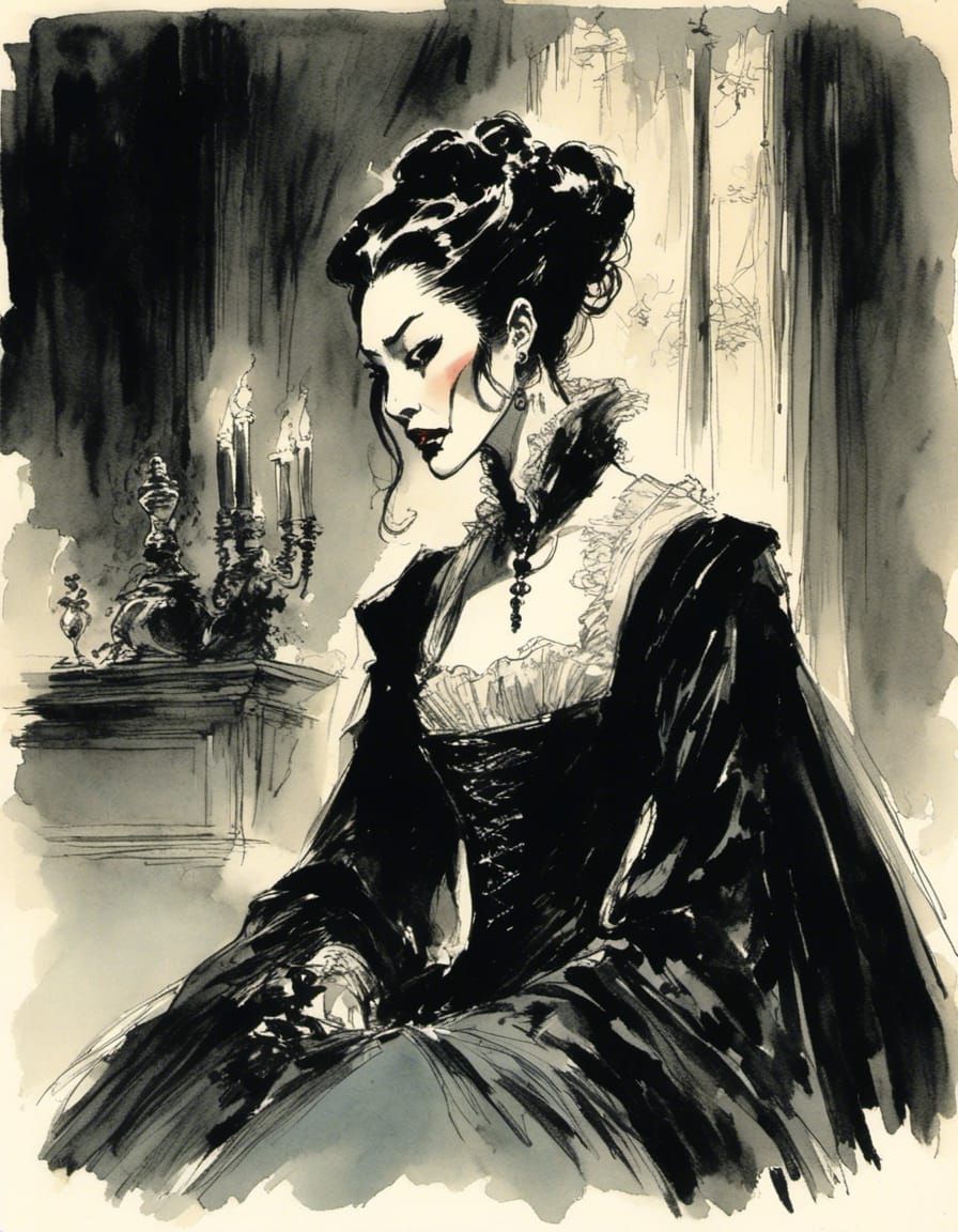 Sinister Vampire Woman in Gothic Ballroom