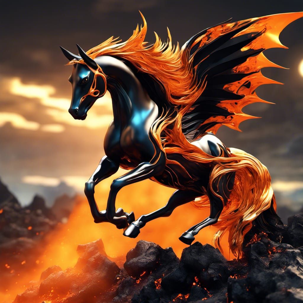 Golden Winged Horse Soaring in Volcanic Landscape