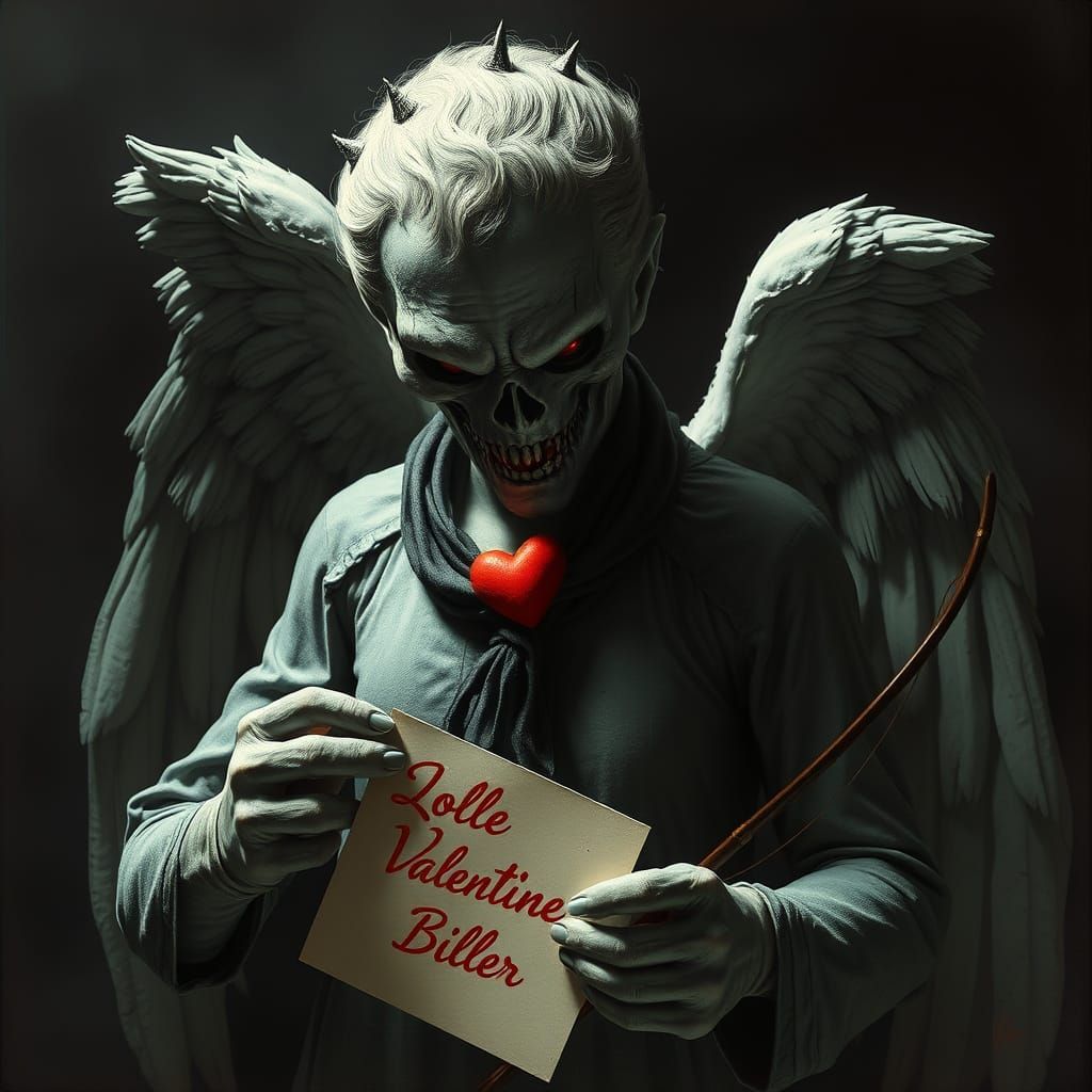 Winged Angel with Ghostly Face Holding Valentine Letter