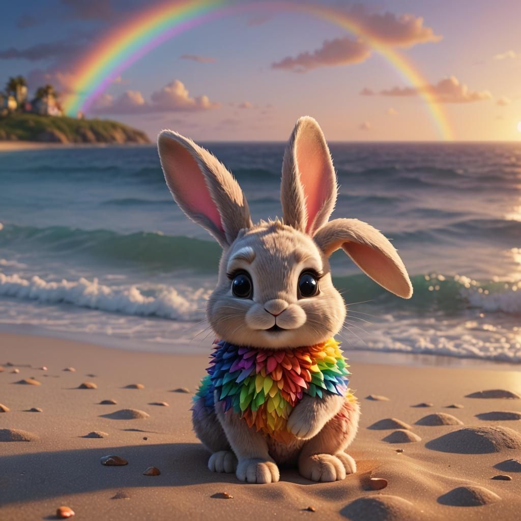 Cute Bunny on Beach at Sunset: Pixar Style 3D Render