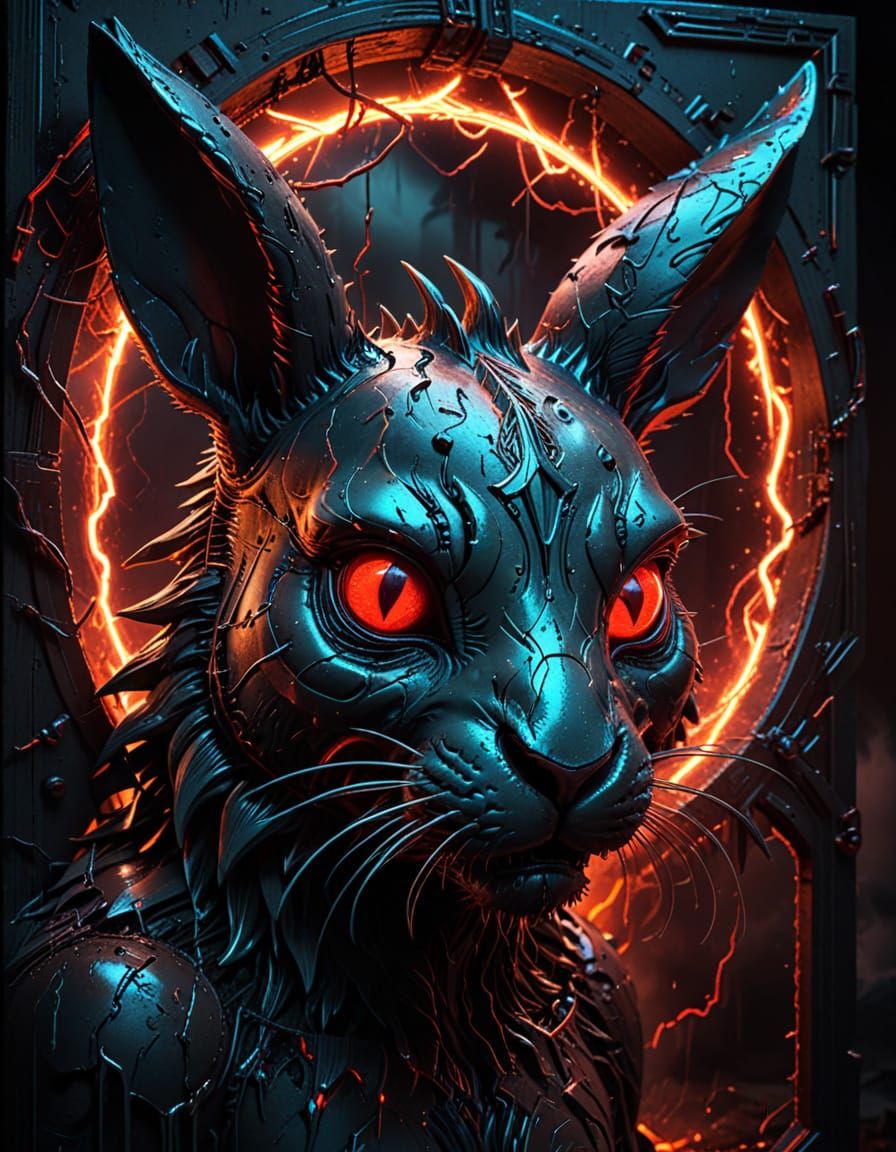 Gothic Horror Vampire Bunny in Neon-Lit Portal