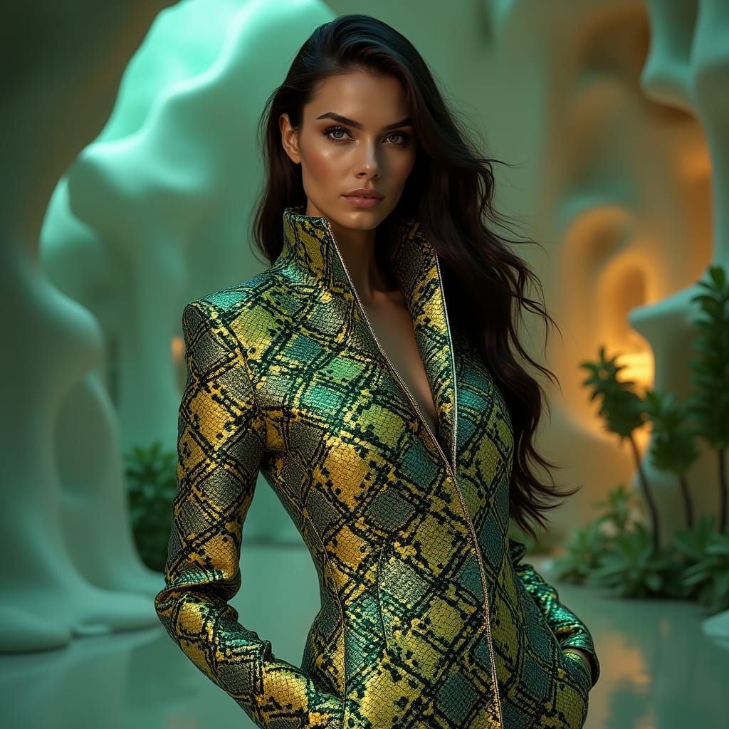 Seductive Dark Fantasy Couture with Iridescent Snake Print