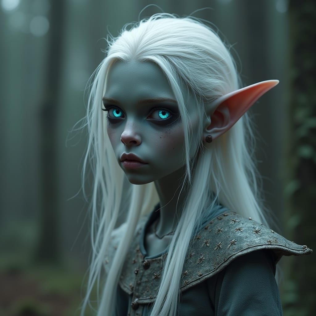 Dark Fantasy Elf with White Hair and Blue Eyes