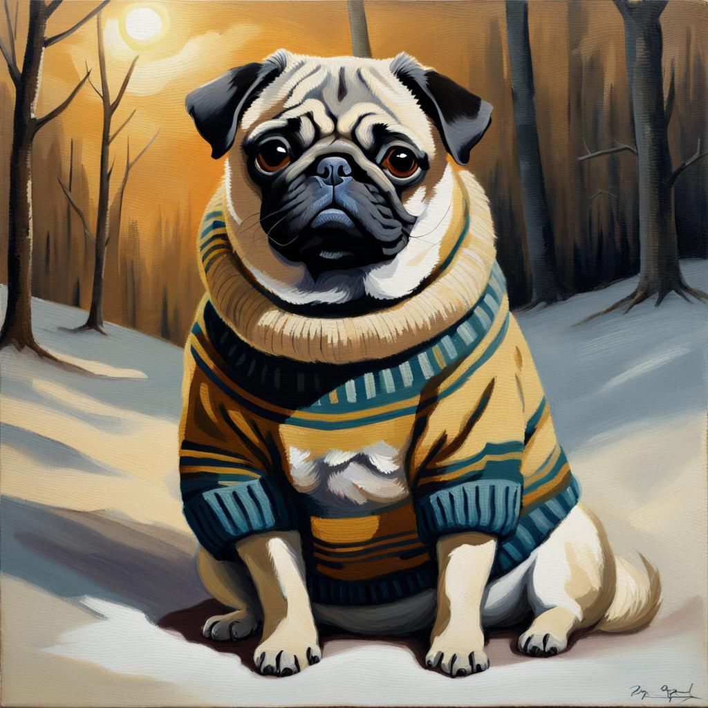 Pug Portrait in Winter Scene as Oil Painting