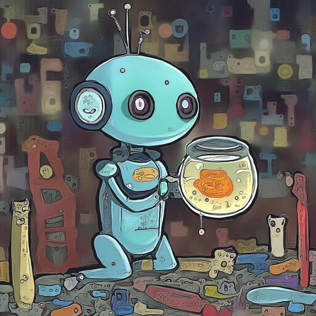 Cute Robot Holding a Fishbowl