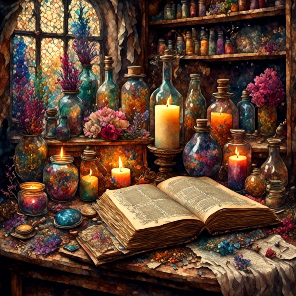 Antique Watercolor Study with Spell Book and Flowers