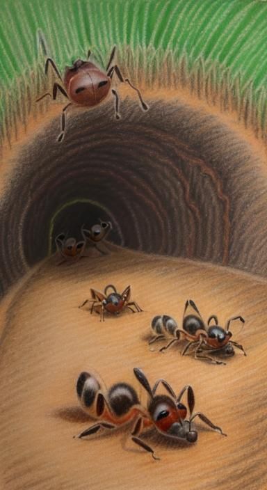 Busy Ants in Anthill Tunnels: Oil Pastel Drawing