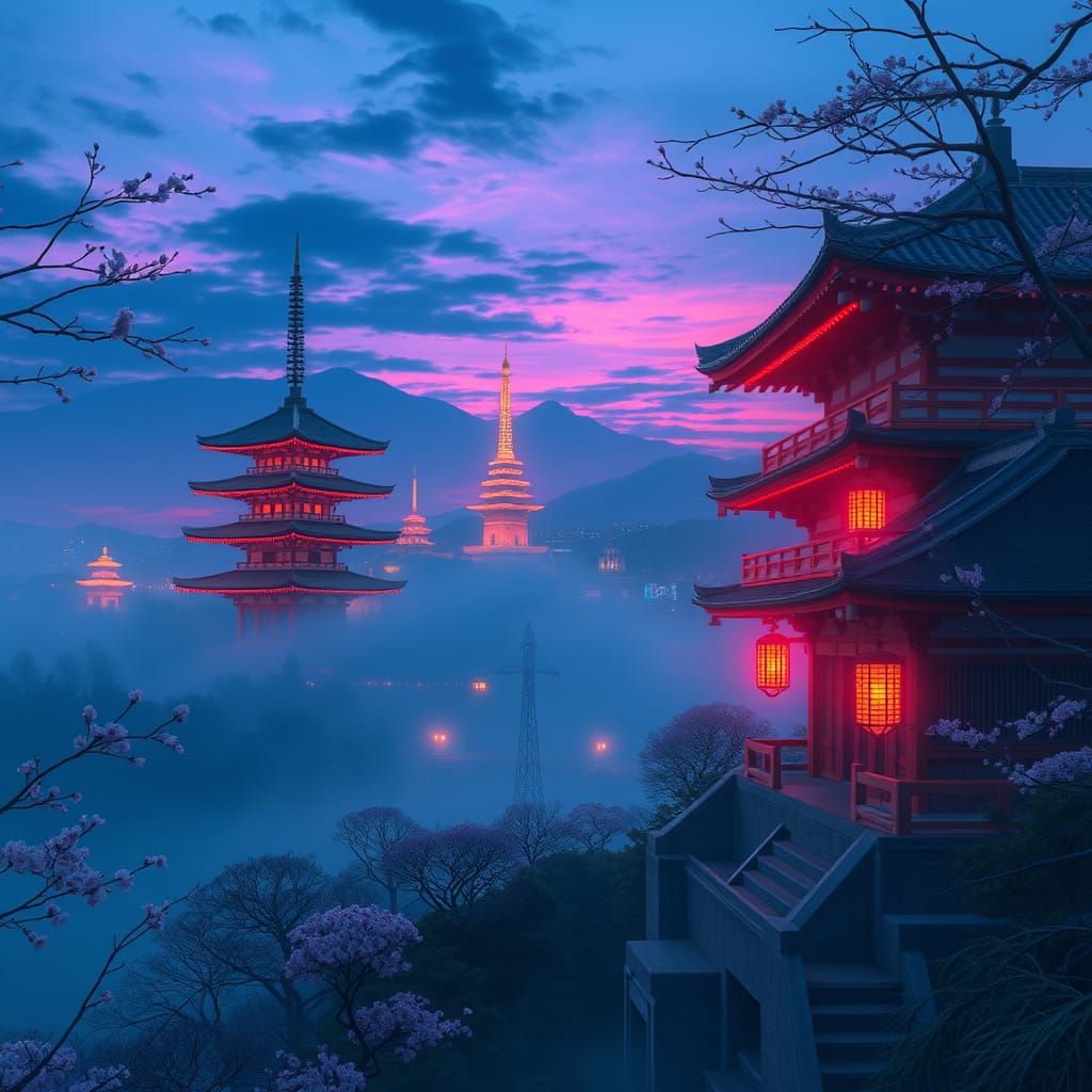 Surreal Japan at Twilight in Vibrant Neon and Pastel Hues
