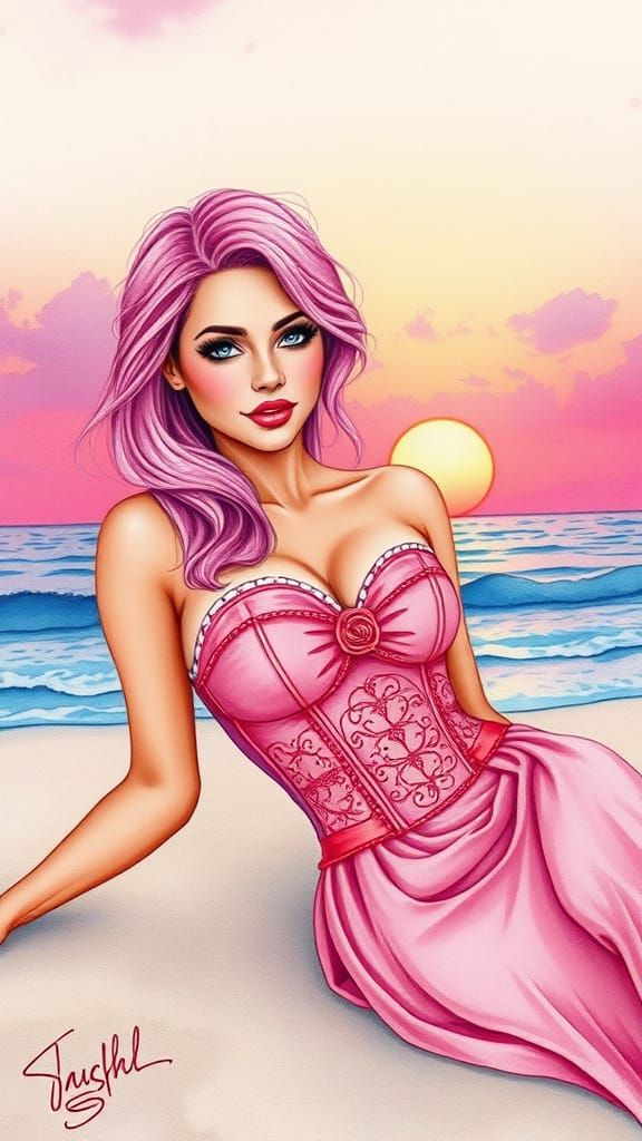 Pink Haired Woman on Beach in Watercolor Style
