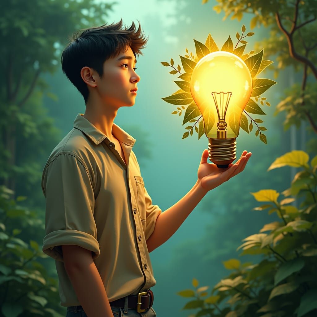 Young Man with Eco-Friendly Light Bulb