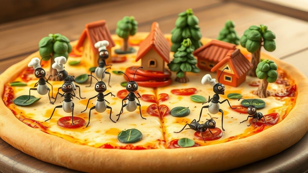 Cartoon Ants Run Pizza Village in 3D Style
