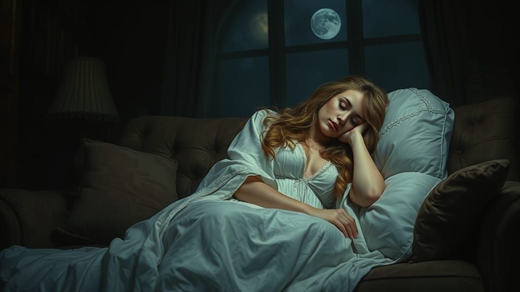 A Victorian Woman Slumbers Serenely in Moonlit Darkness