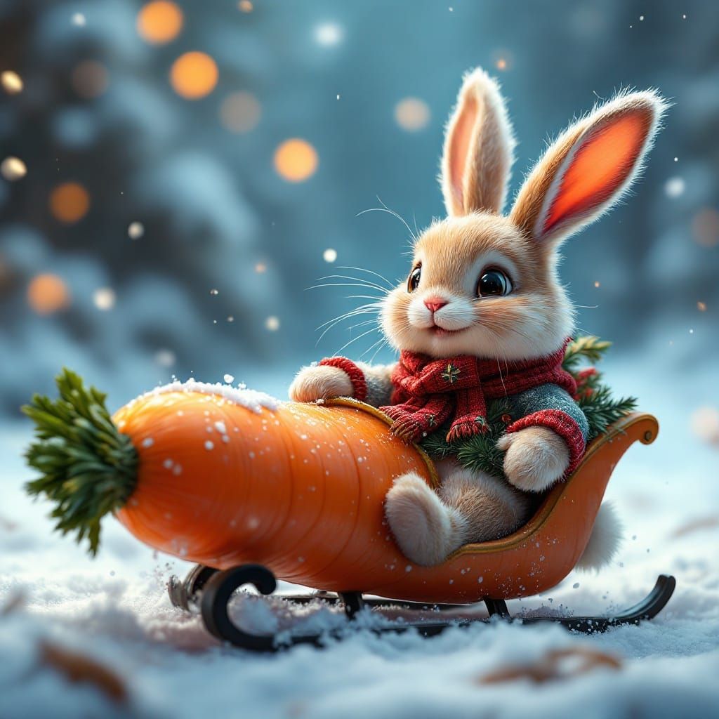 Whimsical Christmas Fantasy Scene with a Happy Fluffy Bunny