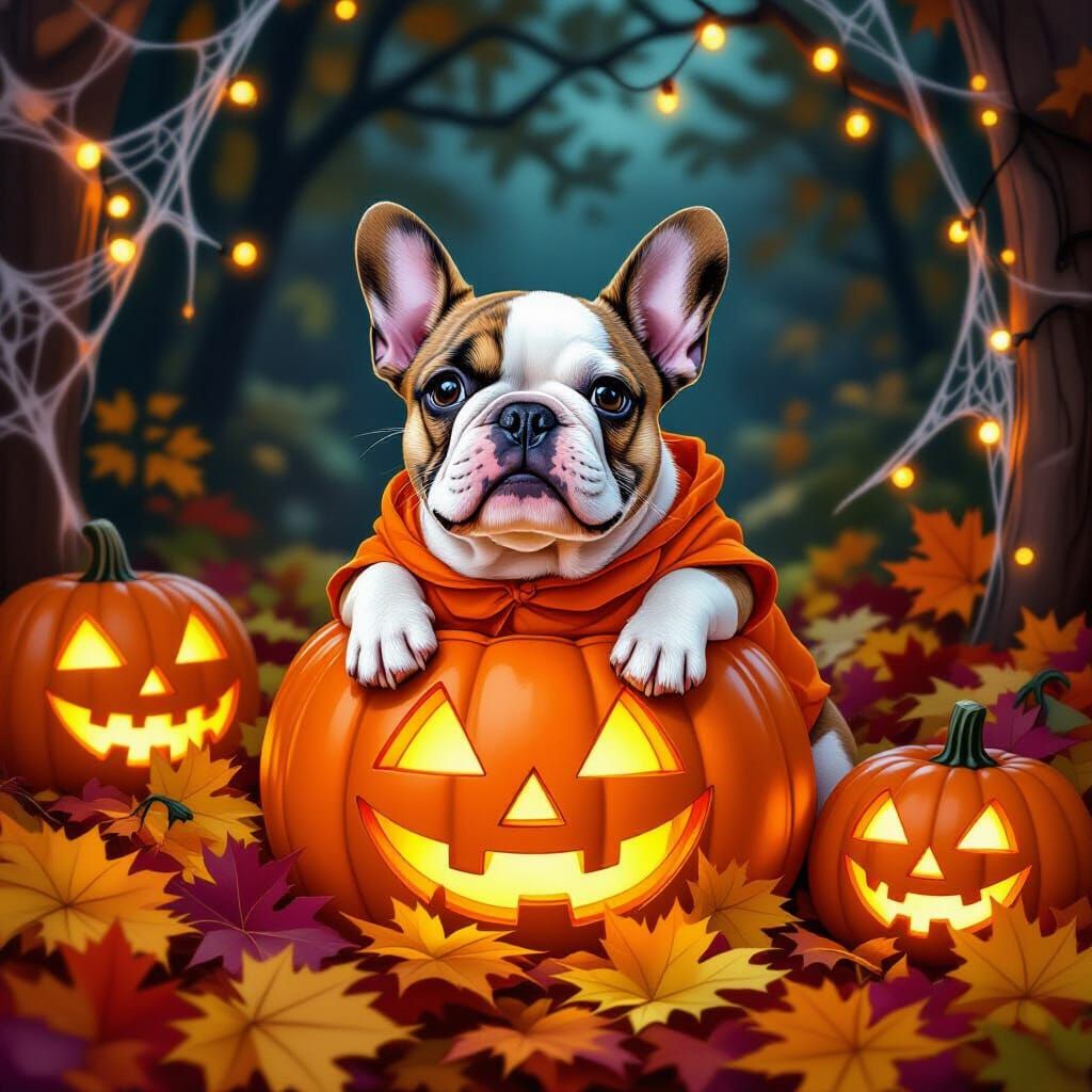 Adorable French Bulldog in Pumpkin Costume Amidst Autumn Hal...