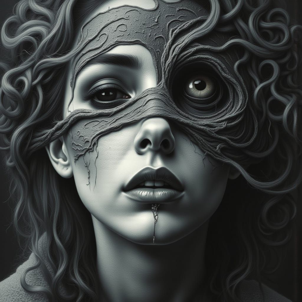 Surreal Split Face Woman With Tear in Dreamlike Style