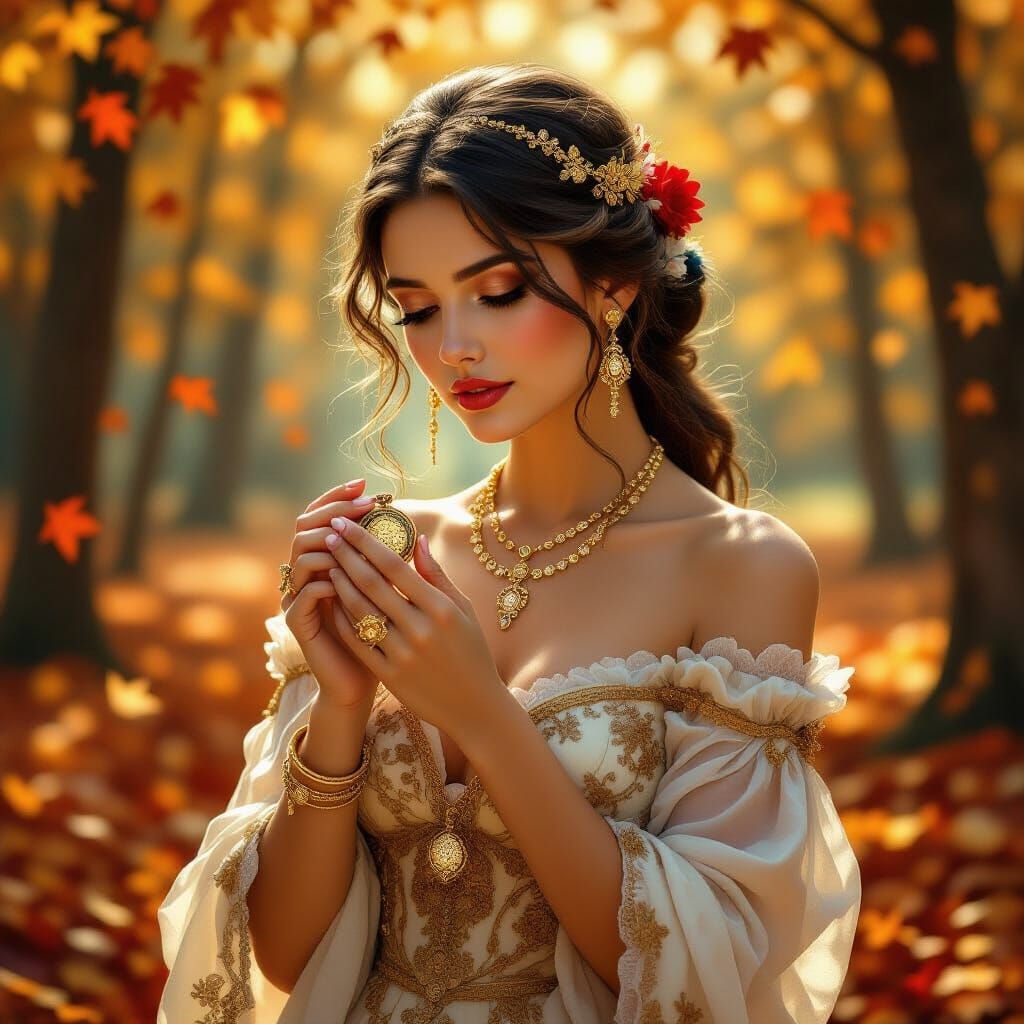 Woman in Autumn Forest with Antique Gold Jewelry