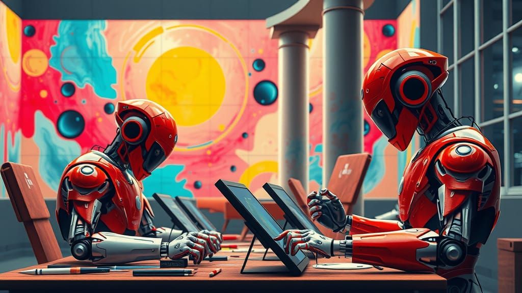 Futuristic Art Studio Scene with Vibrant Colors and Robots