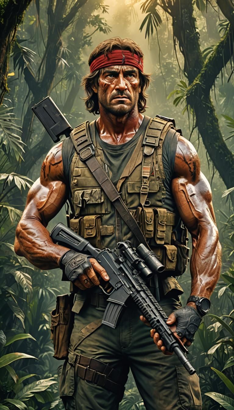 Hyper-Realistic Rambo in Jungle, Digital Art
