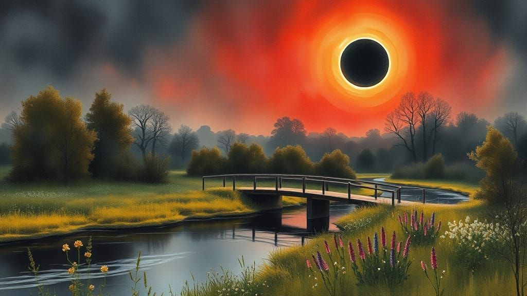 Eclipse Over Swampy River: Color Print Art