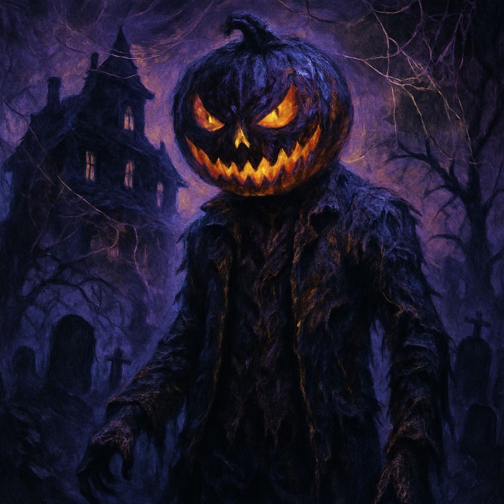 Spooky Pumpkin Head Man in Haunted Graveyard