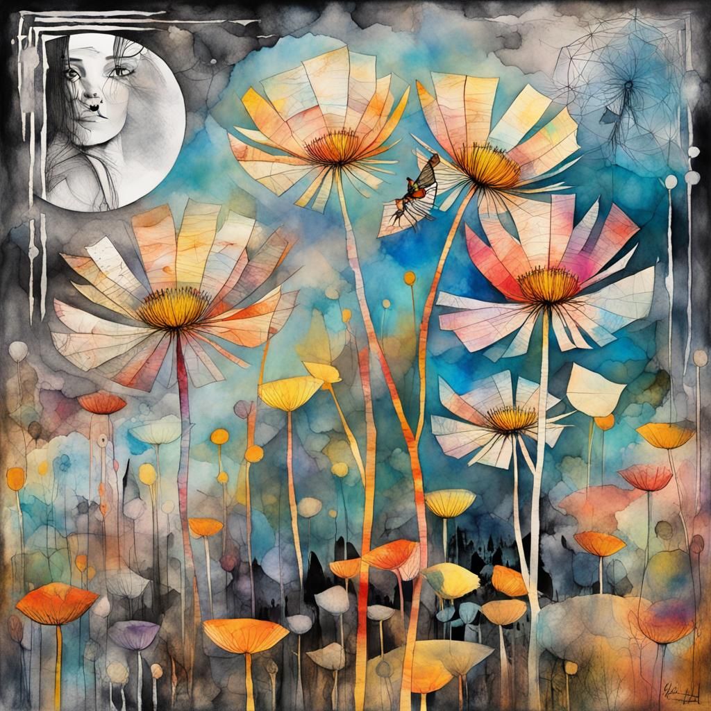 Wonderland Winged faiy Queen  in a Million Dandelion dreamscape, Salvador Dali collaboration Paul Klee and Tim Burton, P...