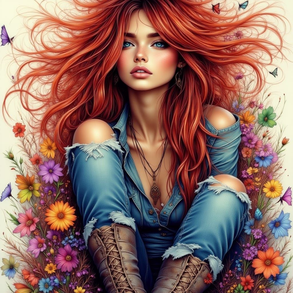 Surreal Ink Hair Portrait in Bohemian Style