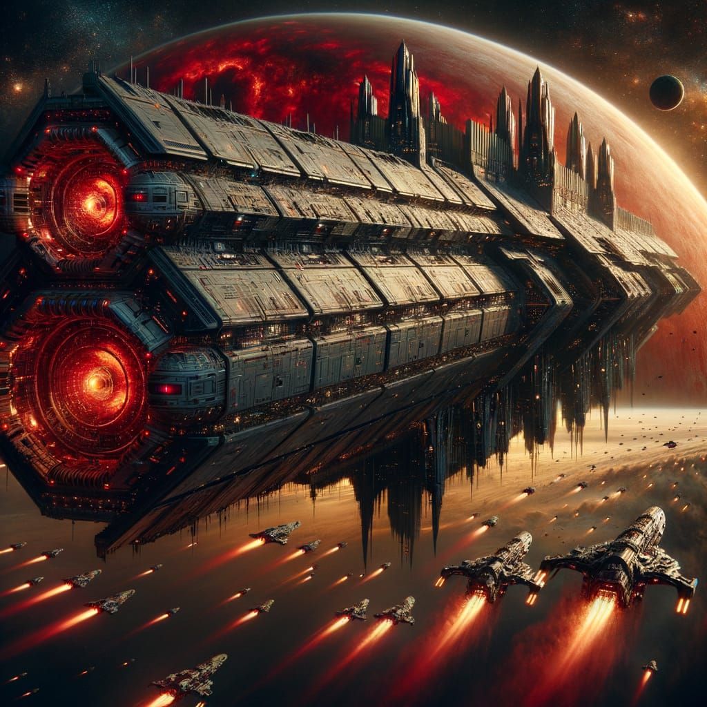 Colossal Armored Spaceship Leviathan Over Fiery Gas Giant