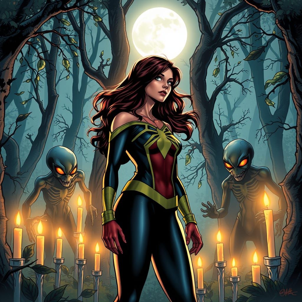 Spider-Woman Serenely Surrounded by Candlelight in the Encha...