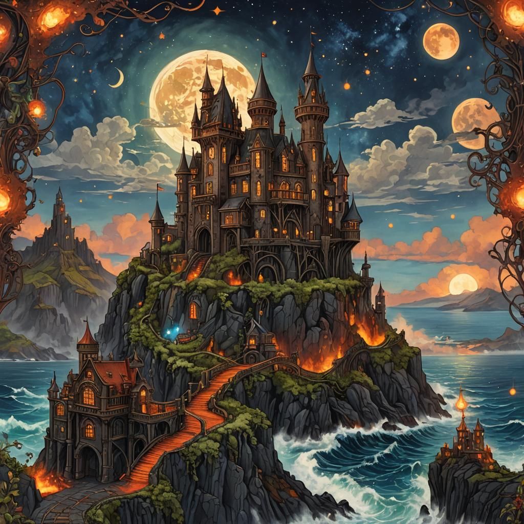 Art Nouveau Castle Over Lava Ocean