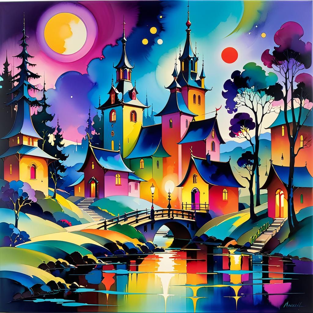 Charming Surreal Twilight Landscape in Expressionist Style