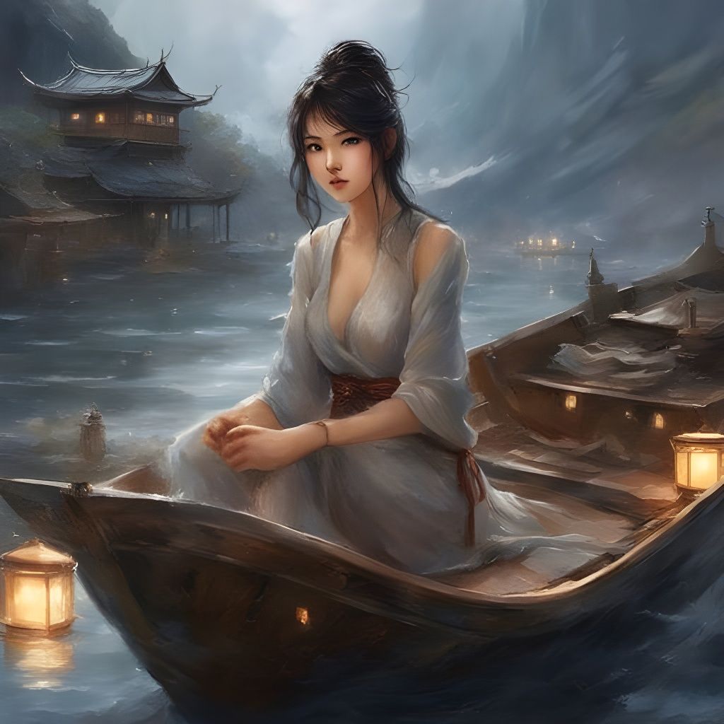 Beautiful Japanese Girl Portrait in Stormy Seas
