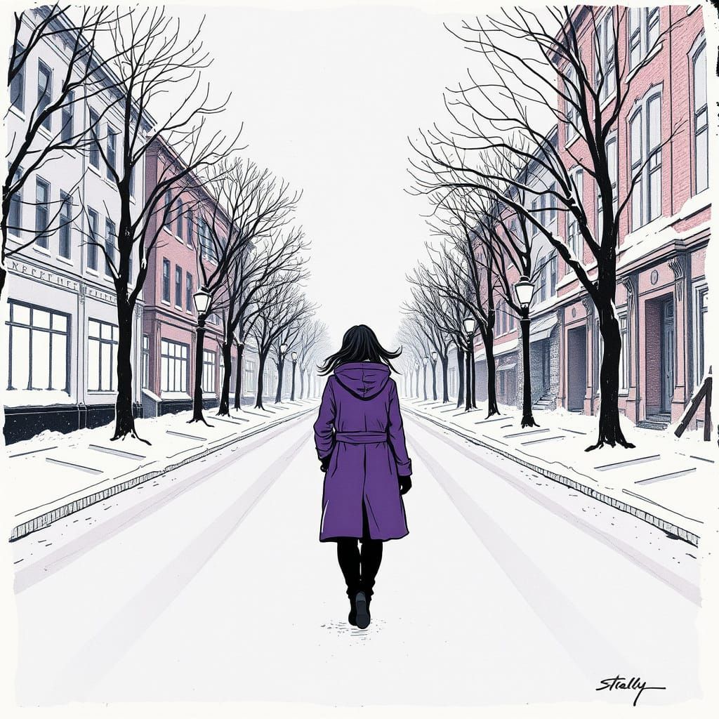 Melancholy Woman in Snowy Street: Minimalist Ink Drawing