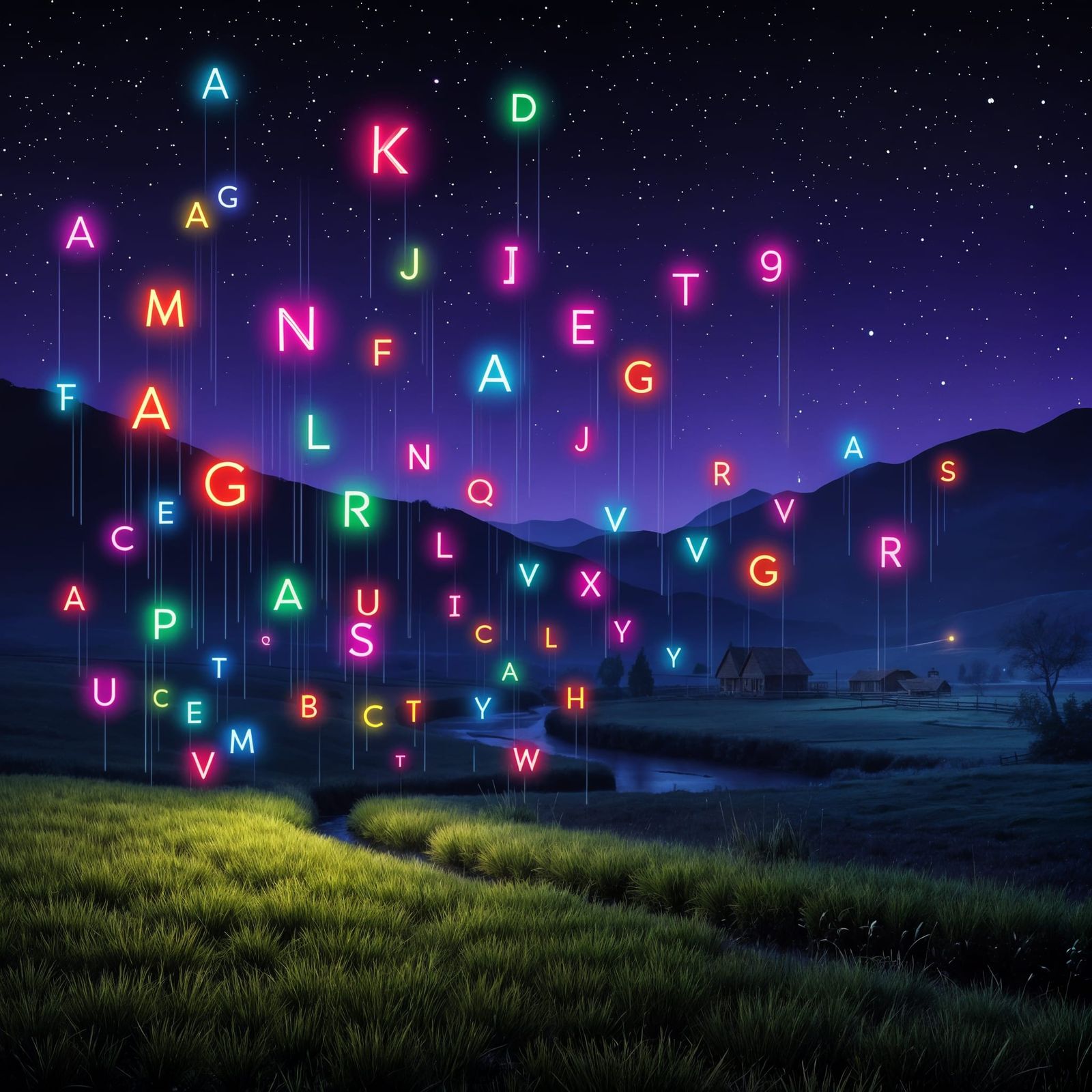 Alphabet Rain in Moody Synthwave Night