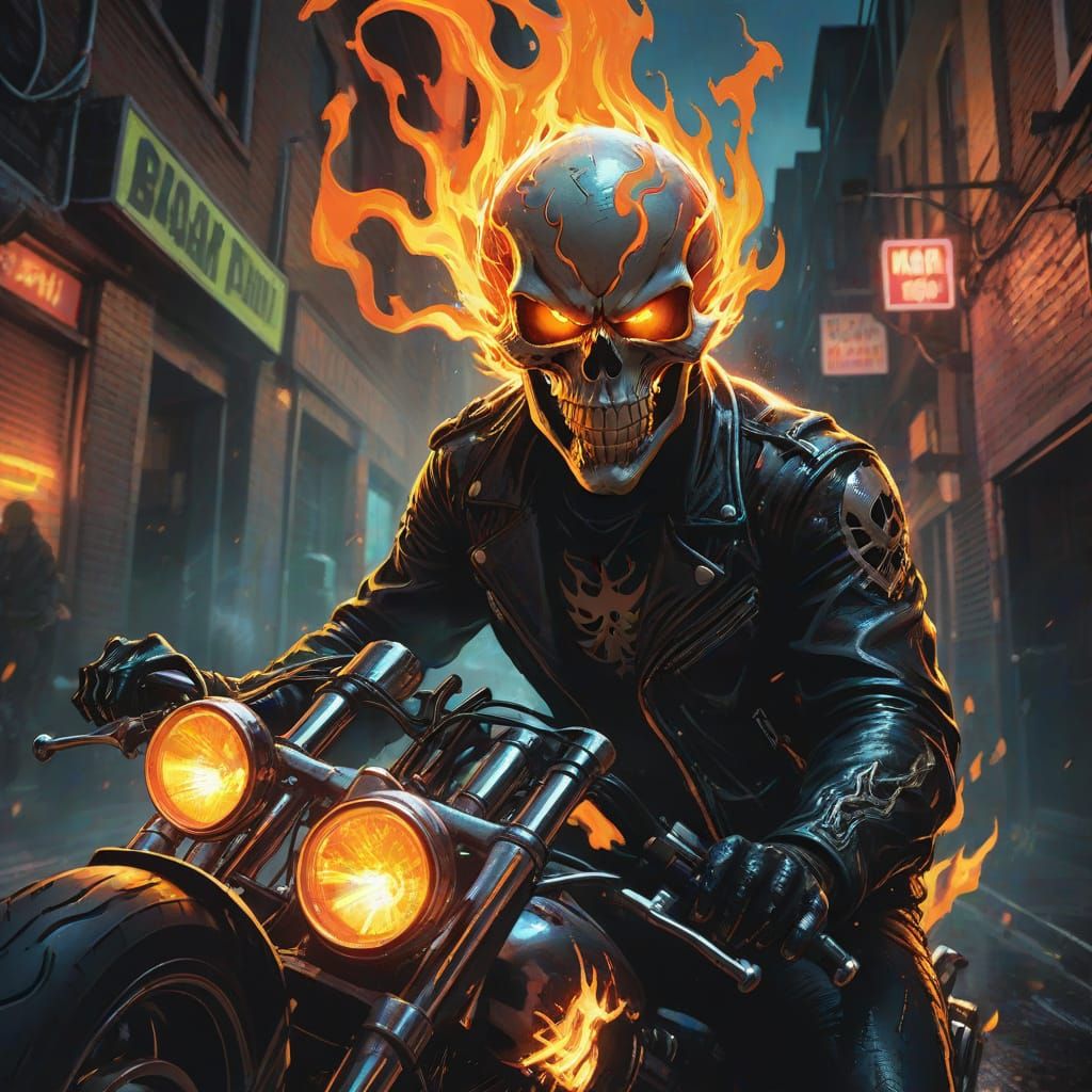 Ghost Rider Motorcycle Ride in Comic Book Style