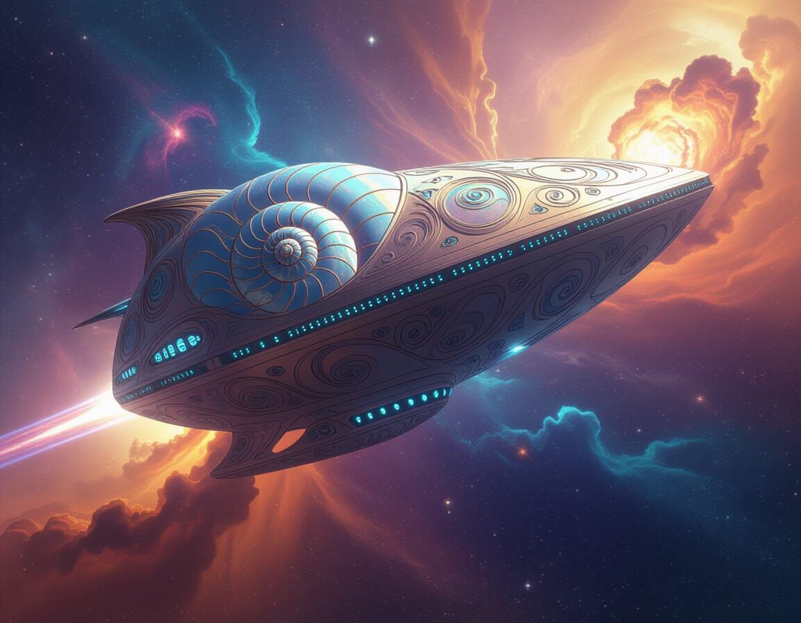 Nautilus Spaceship Drifting Through Nebula in Retro Sci-Fi A...