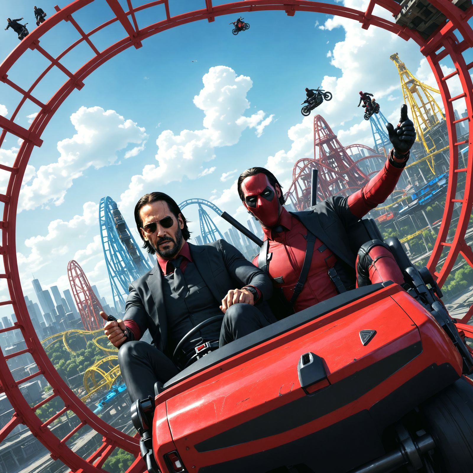 John Wick and Deadpool on a Roller Coaster