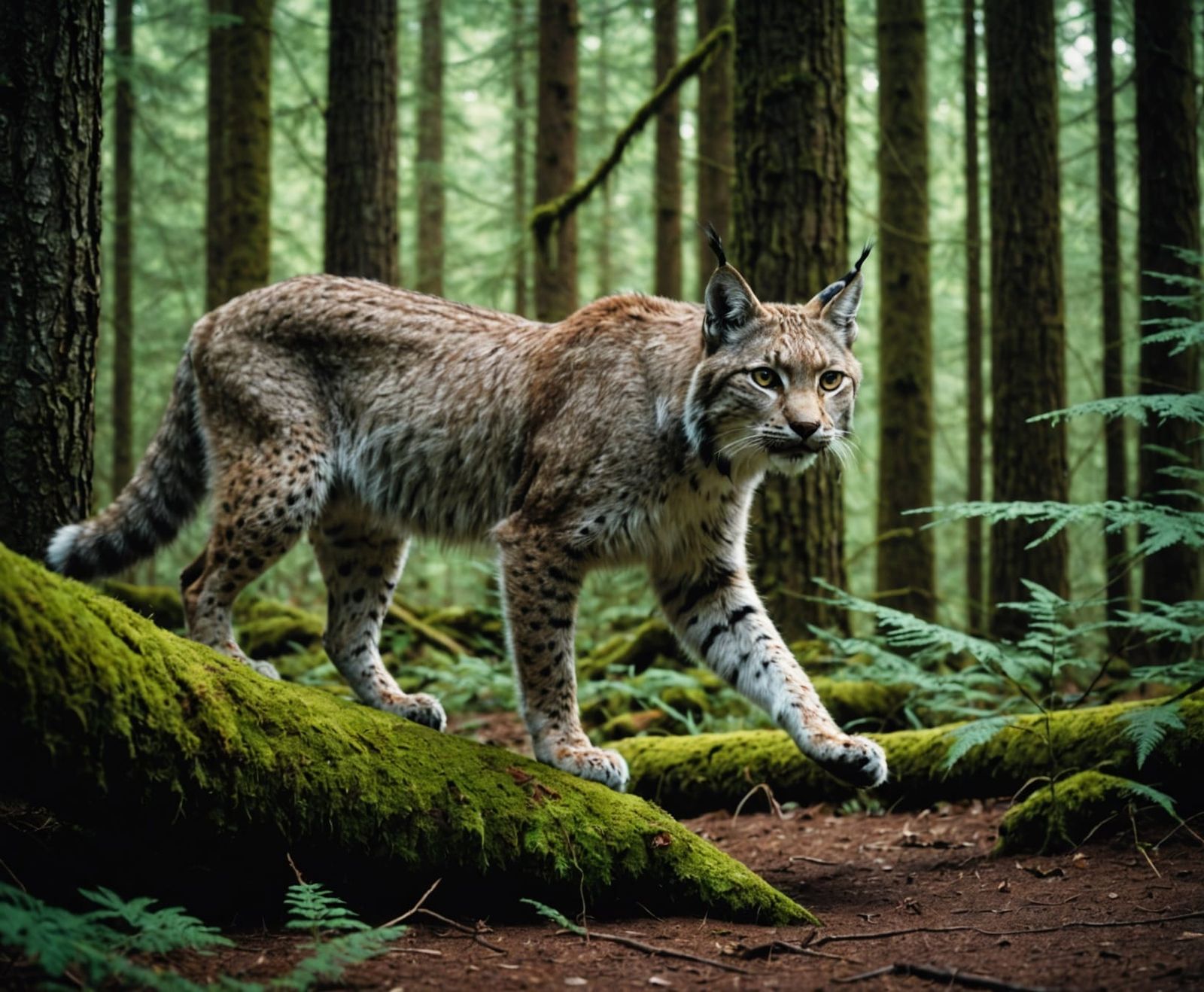 Lynx hunt in old growth forest