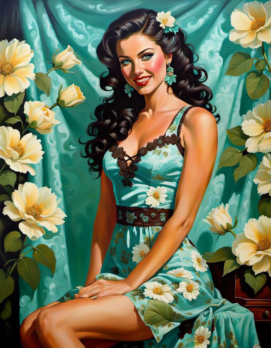 Beautiful young brunette in green dress