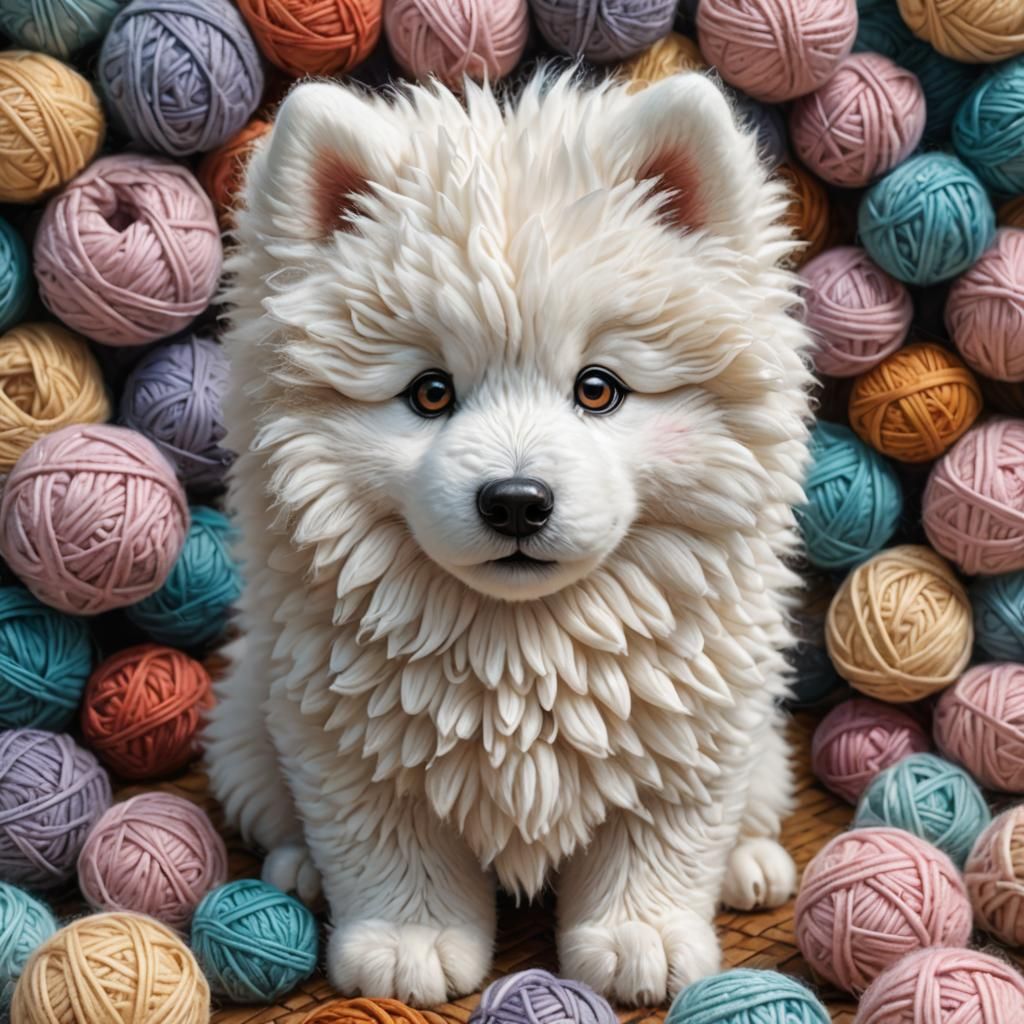 Adorable Knitted Yarn Samoyed Puppy Portrait