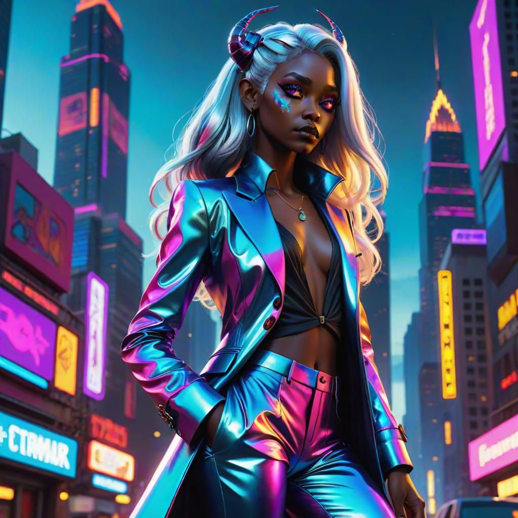 Cyberpunk Goddess of Darkness in Vibrant Neon Cityscape