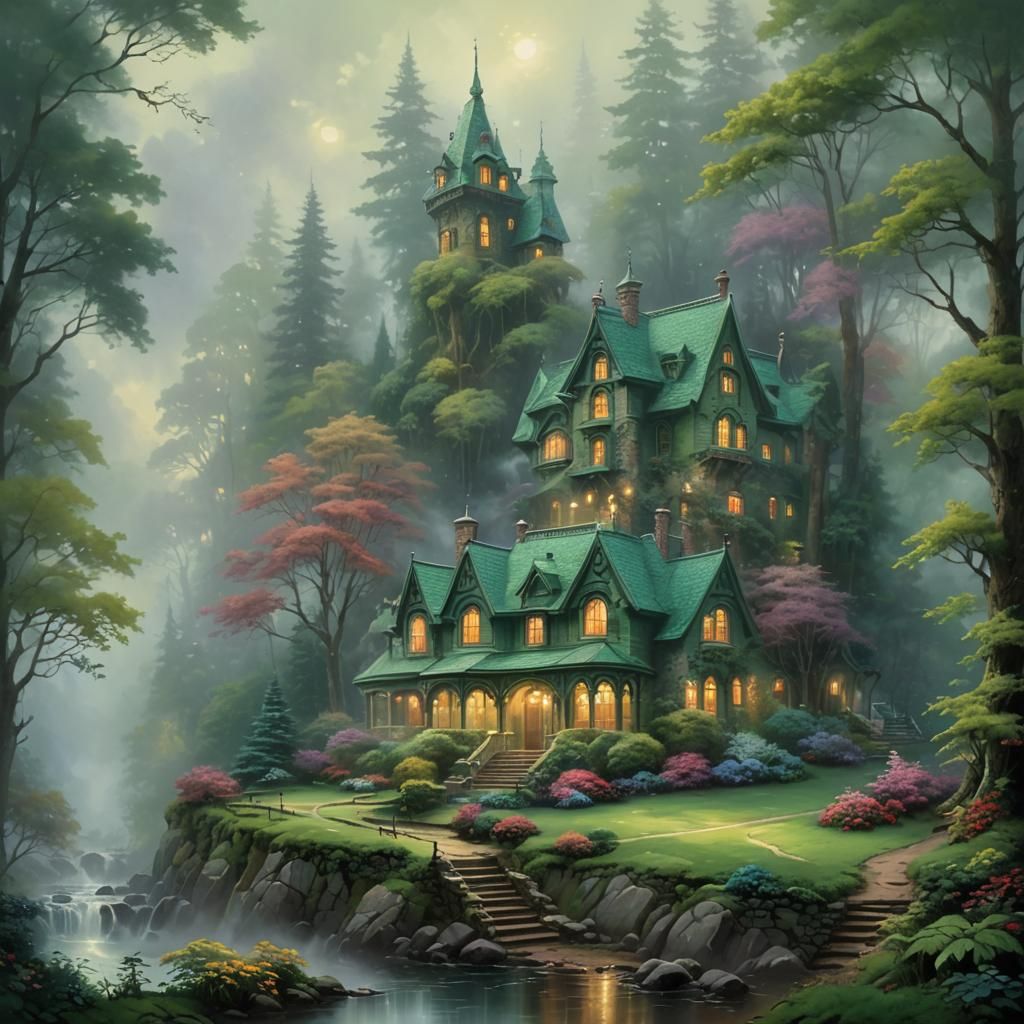 Ethereal Mansion in Misty Forest
