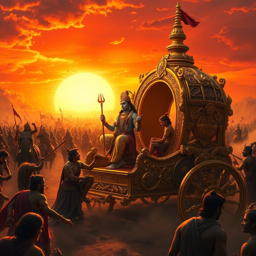 Divine Wisdom on the Kurukshetra Battlefield in Vibrant Colo...