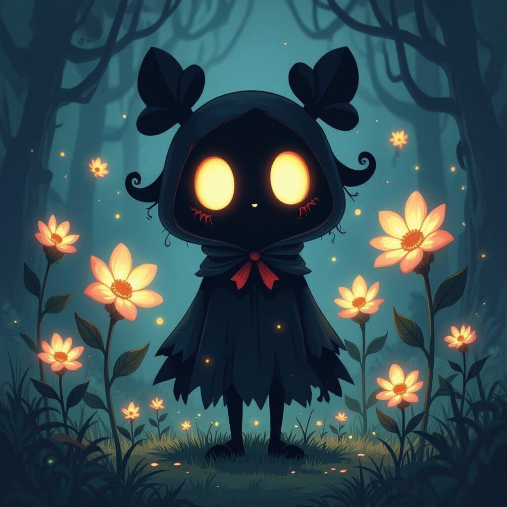Eerie Forest Spirit Surrounded by Glowing Flowers