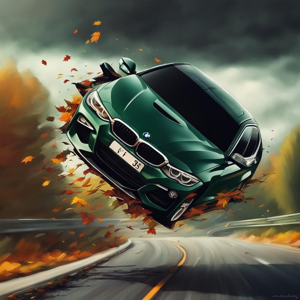 BMW Mid-Air Roll Over on Freeway in Hyperrealistic Style