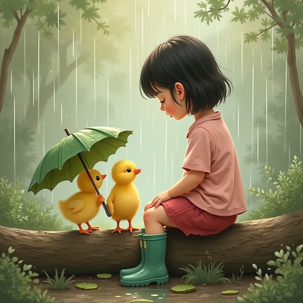 Girl and Chicks in Rainy Forest, Impressionist Style