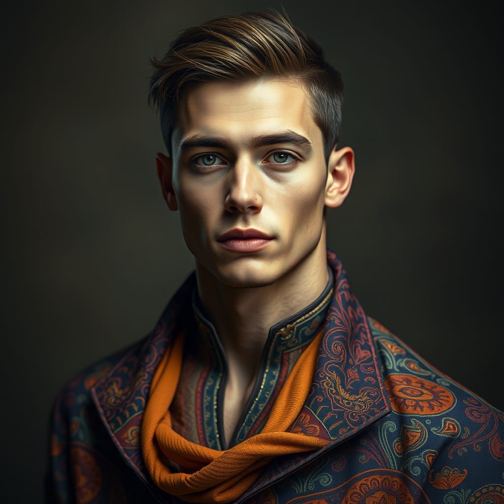 Handsome Young Man in Vibrant, Intricately Detailed Attire